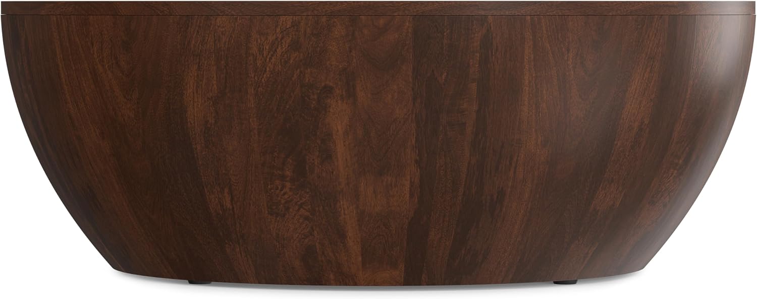 SIMPLIHOME Elmbrook Coffee Table - 34" Wide x 12" High Solid Mango Wood Modern Industrial Round Drum Cocktail Table in Walnut Brown, Sculptural Living Room Table with Low Profile Design, Assembled