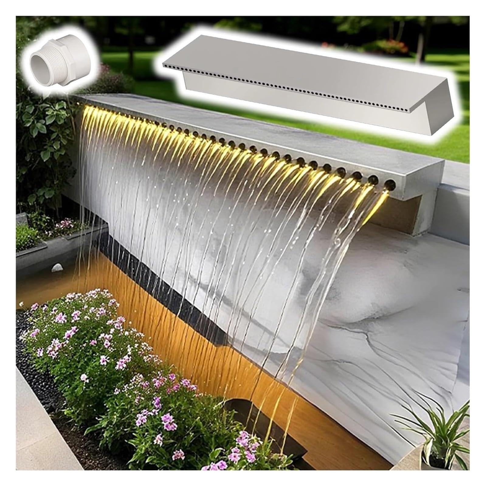 Fontaine à cascade de 55 cm avec déversoir et kit de raccordement pour bassin de jardin