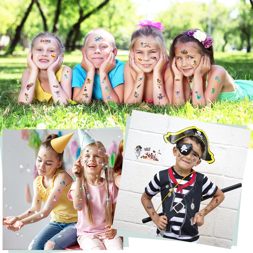 ACWOO Tatuaggi Temporanei per Bambini, 30 Fogli 350 Pezzi Finti per Ragazzi, Set per Adulti Festa Compleann (Dinosauro + Spazio + Pirata)