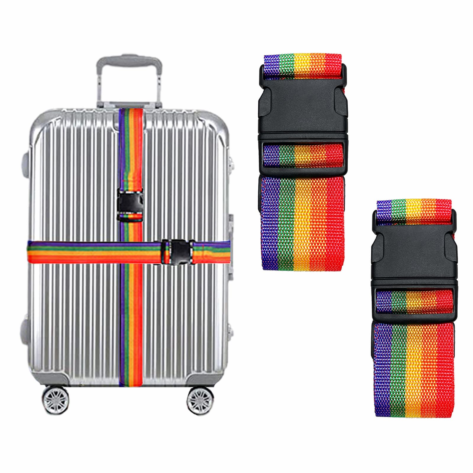 2 Pack Suitcase Belts, Adjustable Luggage Straps, Bright Colors Travel Packing Straps with Quick Release Buckle (Rainbow)