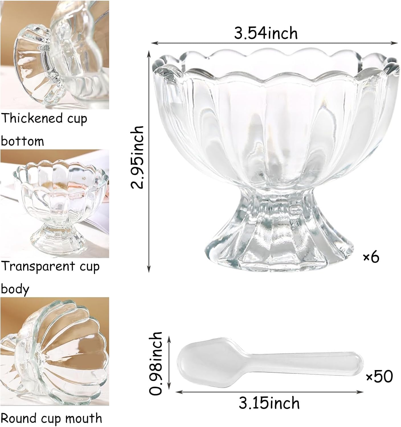 Vintage Glass Dessert Bowls, Ice Cream cups, 5oz Dessert cups, for Sundae, Fruit, Ice Cream, Pudding, small snacks,Condiment (6)