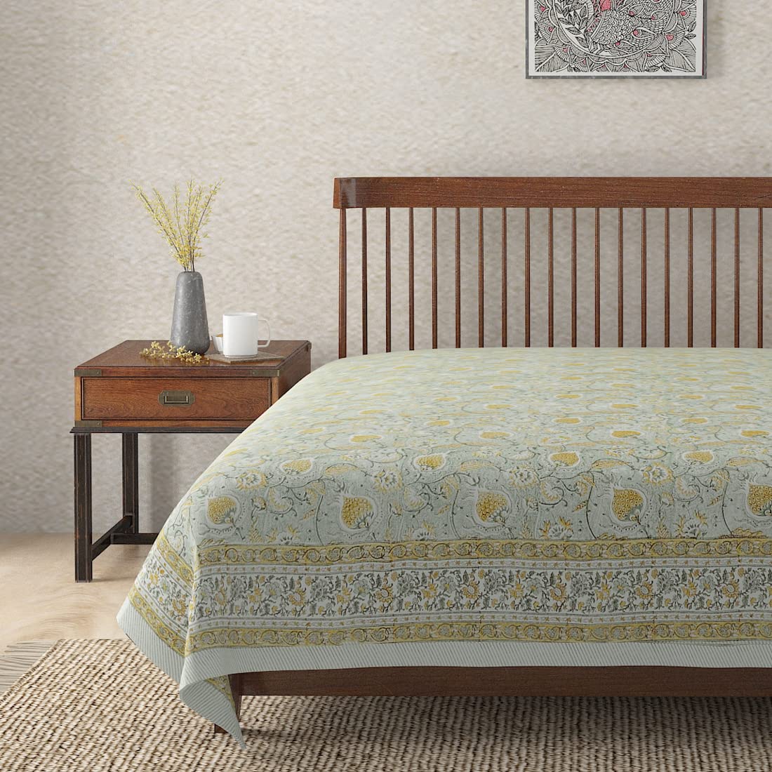 Buy Fabindia Green Ihania Cotton Hand Block Printed Double Bed Cover
