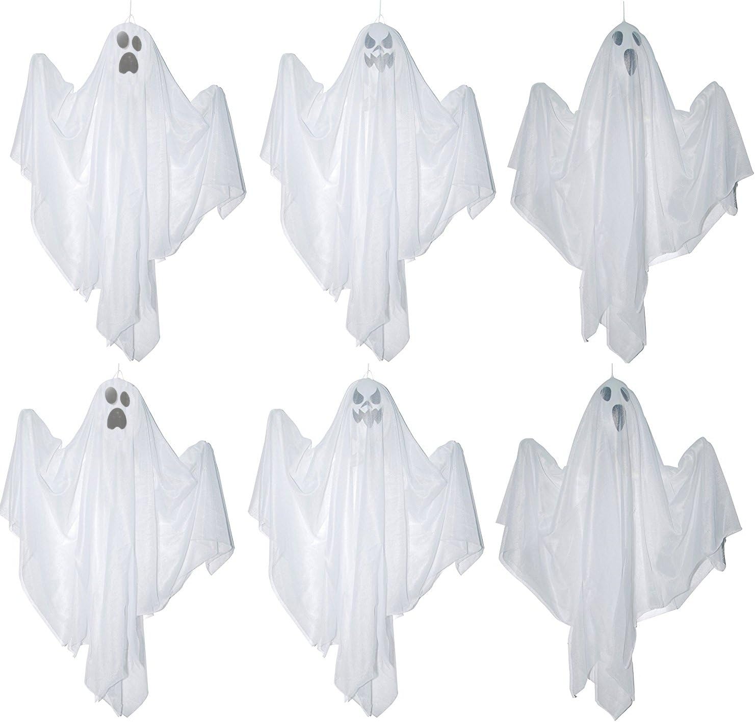 One Holiday Way Set of 6 Small 18-Inch White Fabric Hanging Ghosts Halloween Decoration - Spooky Haunted Party Prop Trick or Treat Indoor Outdoor Office, School, Home Decor