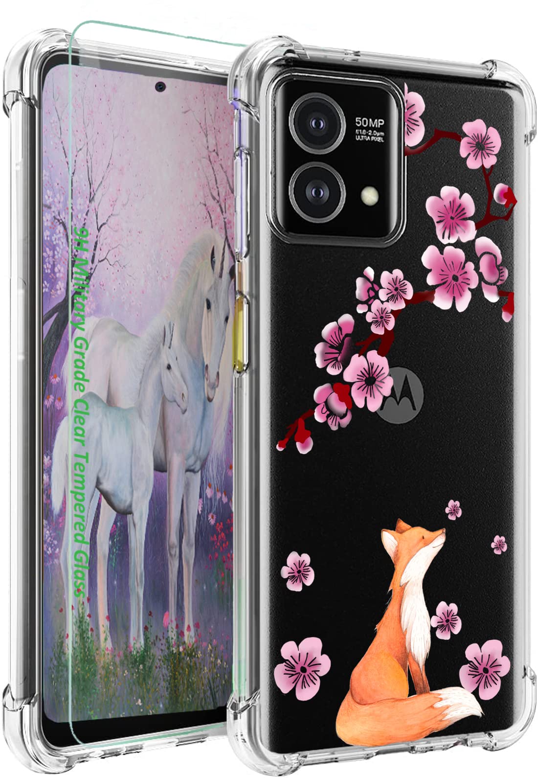 Ftonglogyfor Moto G Stylus 5G 2023 Case with Tempered Glass Screen Protector: Clear Cute Flower Floral Design for Girls Women Slim Fit Soft TPU Bumper Silicone Cell Phone Cover ((Lucky Fox)