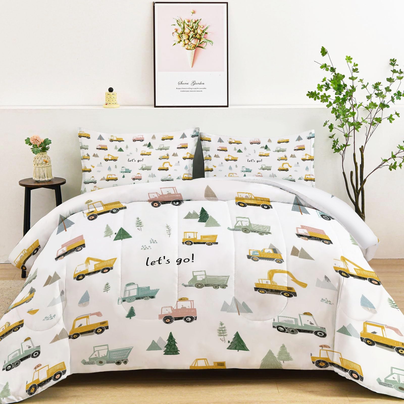 Cartoon Style Quilted Comforter Set Queen Size, Construction Vehicles Trees Lightweight 3 Pieces Bedding Set, White Soft Warm Down Comforter 90" x 90" Quilted Bedding Sets for Girls Boys Kids