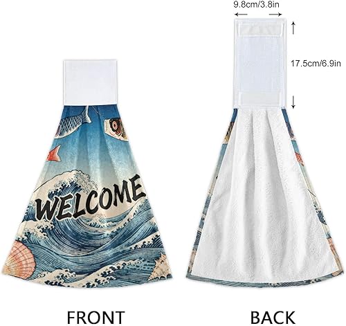Miniatura 4 de Toallas colgantes para cocina con punta de dedo para baño, bienvenida, pescado, japonés, retro, impreso, bienvenida, lápiz de pescado, juegos de