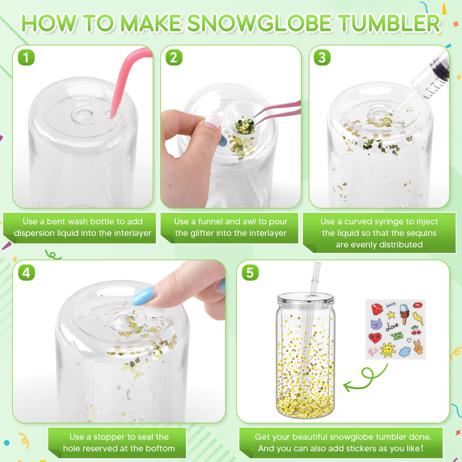 Juego de 8 vasos de bolas de nieve de plástico de doble capa con tapas | Vasos acrílicos transparentes de 16 onzas con tapones de silicona y botella exprimible para llenar y sellar
