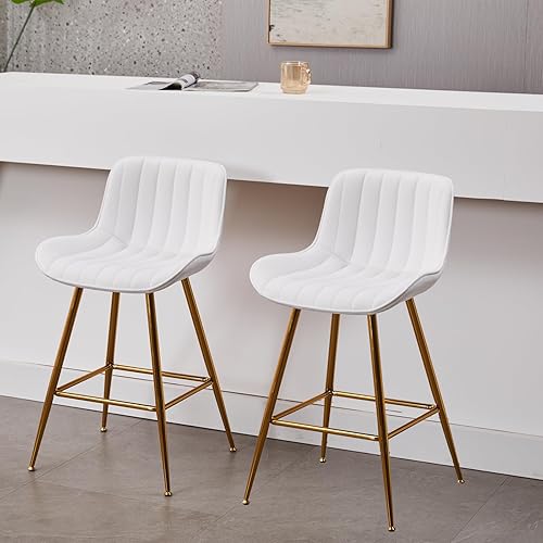Sidanli Gold - Juego de 2 taburetes de bar blancos con patas doradas, taburetes de terciopelo para isla de cocina, taburetes de bar de lujo de 24