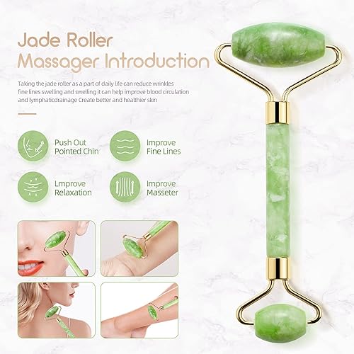 Miniatura 3 de Juego de rodillo de jade de piedra natural 3 en 1 y Gua Sha para cara y ojos, rodillo de masaje de enfriamiento facial