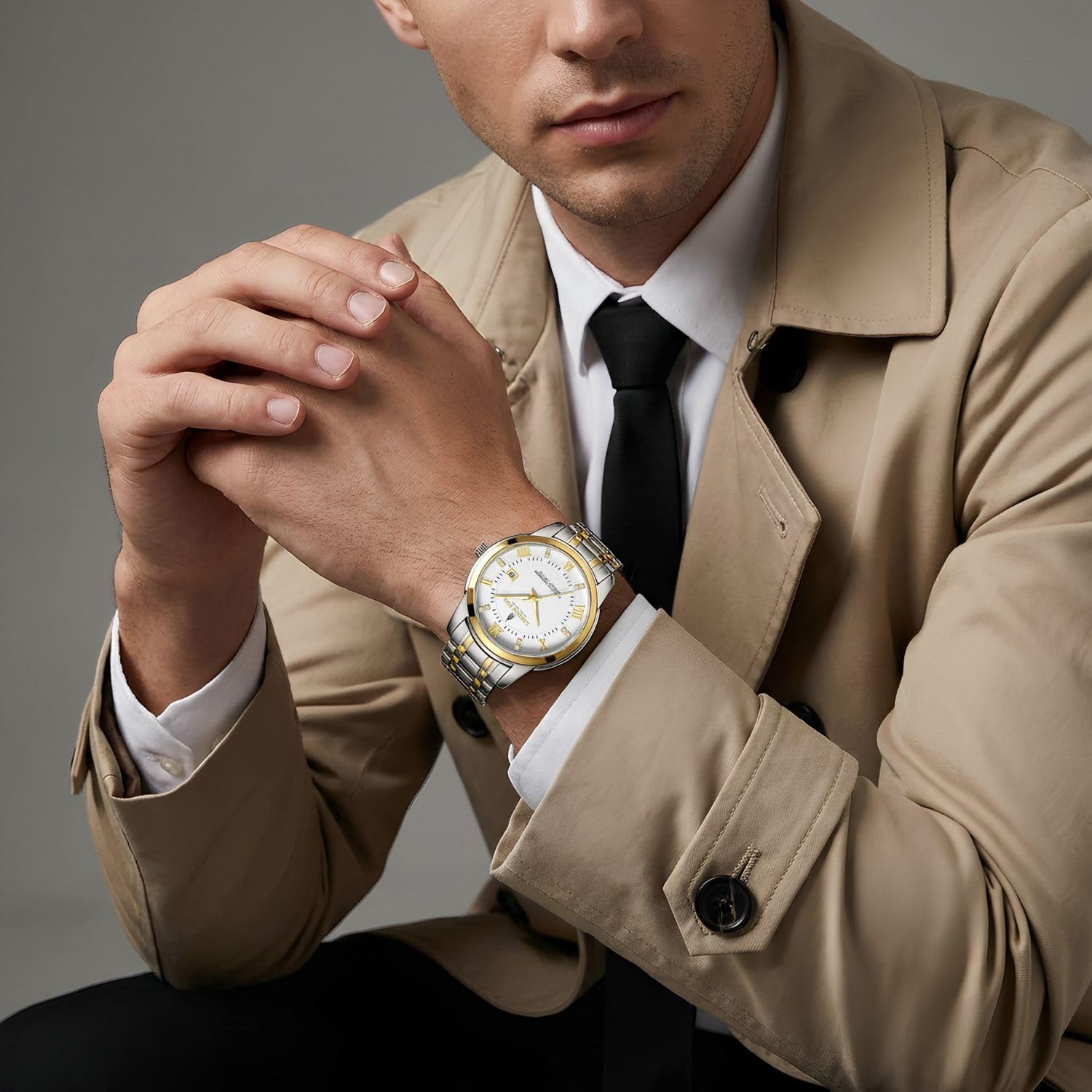 London Fog Regent Collection Analog Quartz Watch for Men with White Dial and Two Tone Silver Gold Stainless Steel Strap, Metal Case, Date Display, Luminous Hands & Hour Markers, Water Resistant