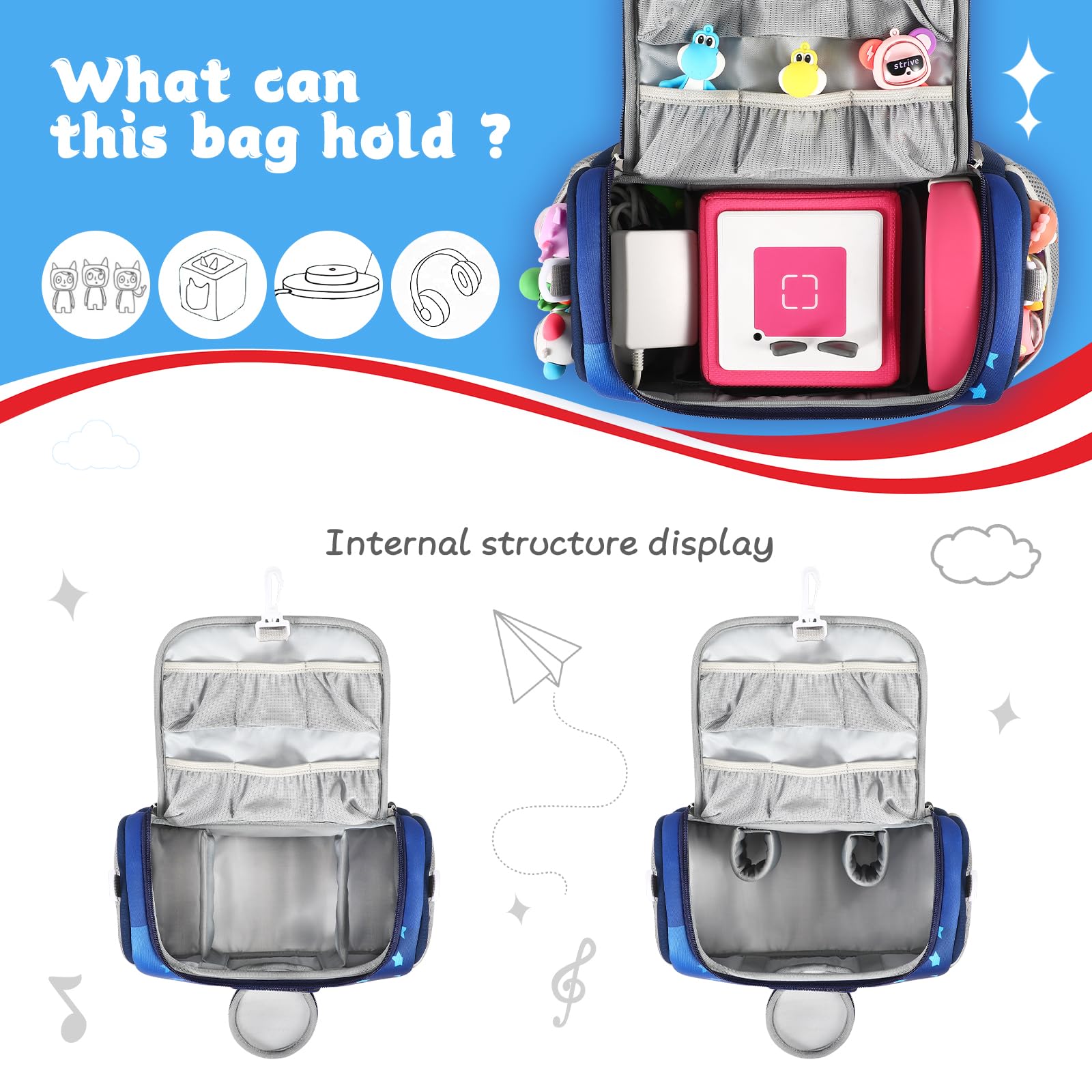 Funda de transporte apta para Toniebox Starter Set, bolsa de almacenamiento compatible con personajes de Tonies, auriculares y accesorios, Blue, Organizador de bolsas