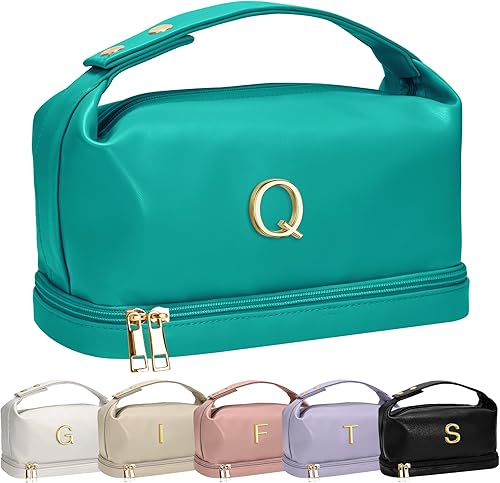 Vista 70 de Regalos Vogewood para mujeres, bolsa de maquillaje personalizada con asa, bolsa de cosméticos inicial de doble capa con organizador de brochas