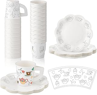 36 Set Disposable Tea Party Cups DIY Coloring Tea Cups Color Your Own Tea Cups and Saucer Floral Paper Plates 6 oz Coloring Teacup with Handle for Tea Party Kid Birthday Party