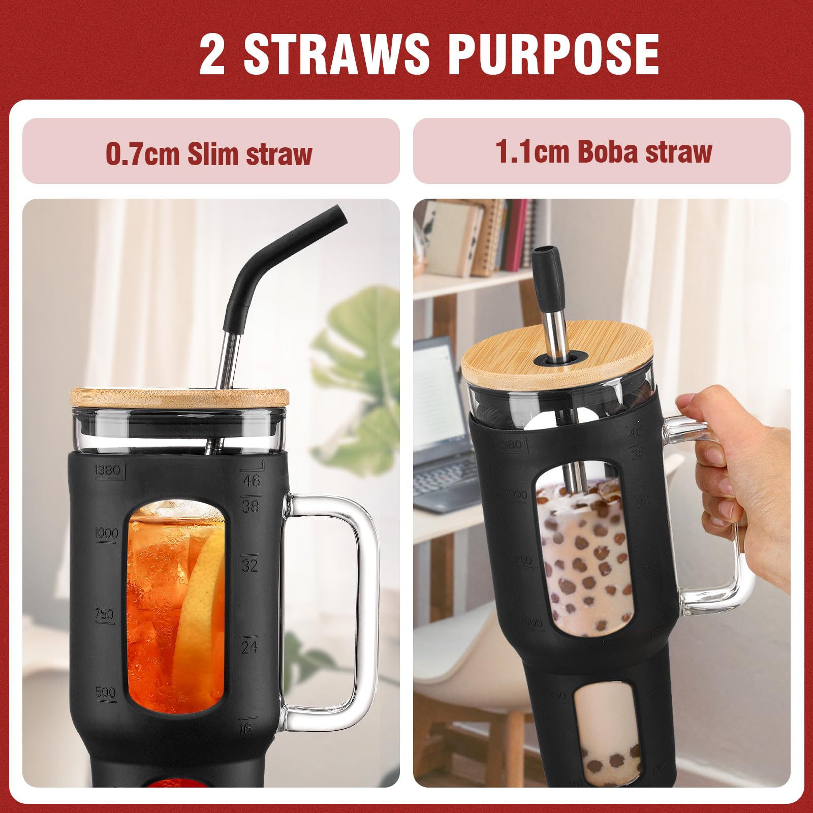 BLUEGO Glass Tumbler with Lid and Straw, 1400ml Iced Coffee Cup with Handle, Borosilicate Water Bottles with Silicone Sleeve - Image 3