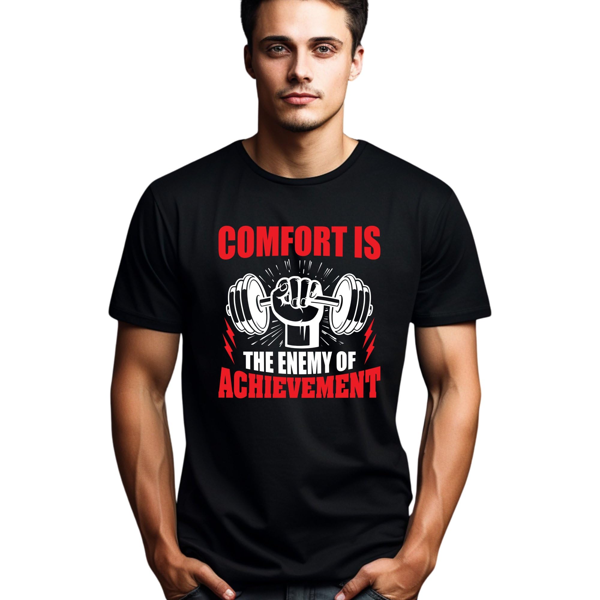 Seek Buy LoveComfort is Achievement Bold Red Text T-Shirt, Motivational Quote Apparel, Unisex Graphic Tee, Inspirational Saying Top, Casual Wear