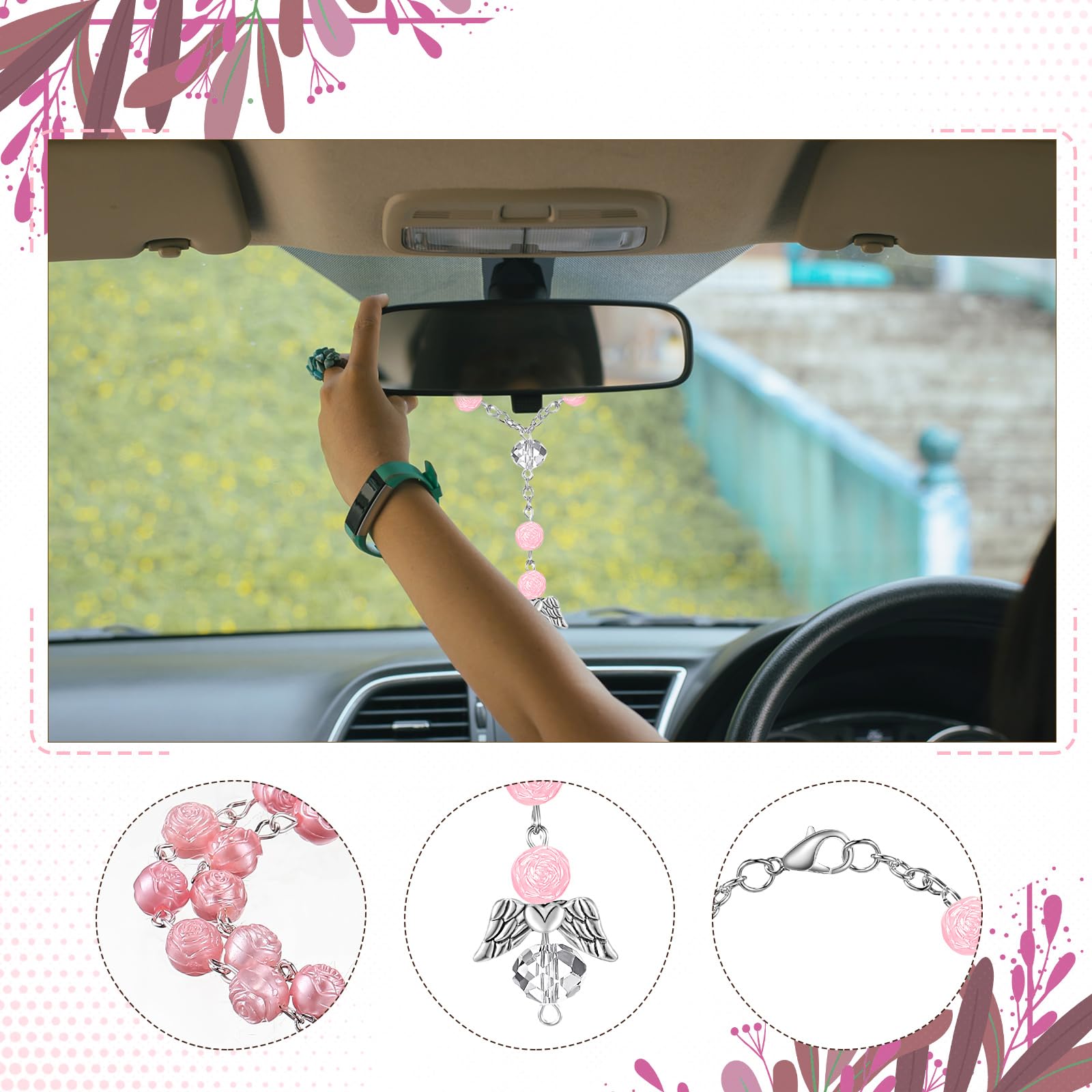 Rosario da Auto Angelo Custode Borsa Regalo in Velluto Bianco Corto da Uomo e Donna Idea Regalo per Autisti Ornamento da Appendere Rosa