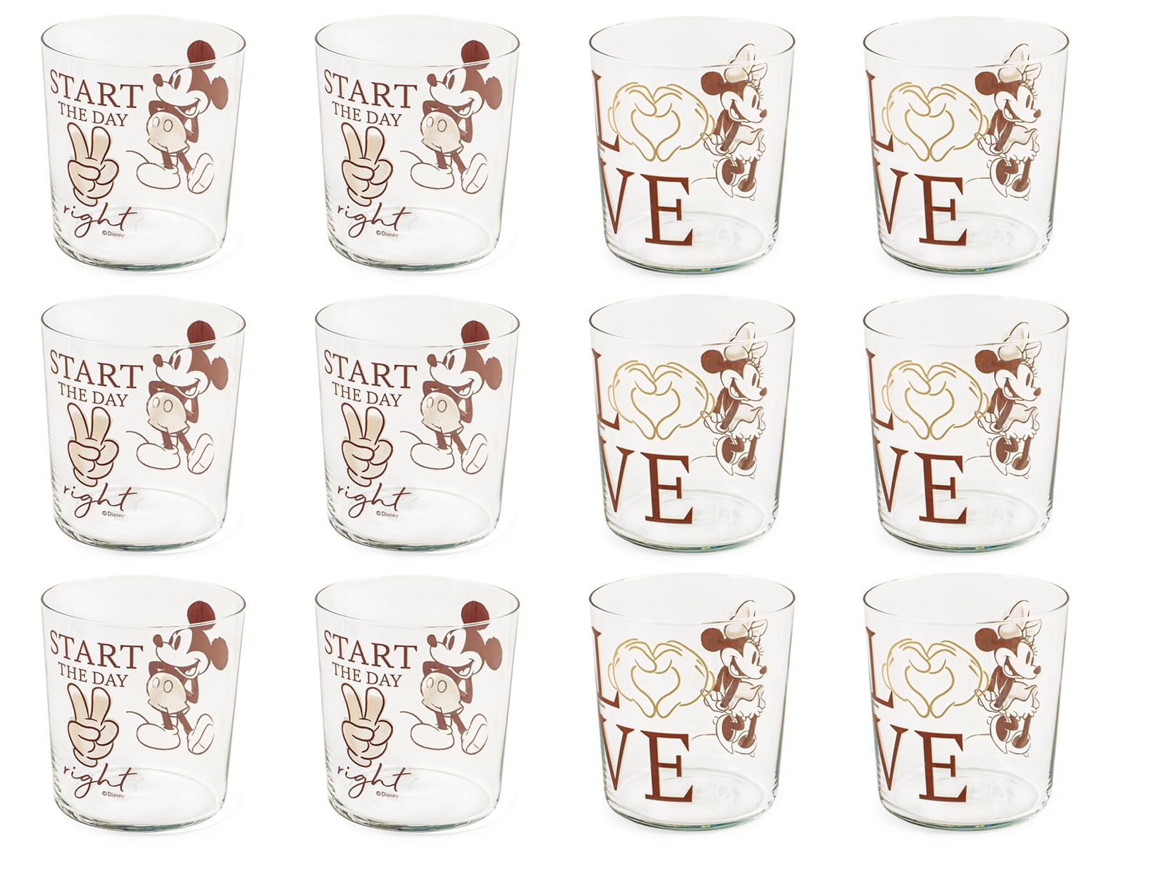 H&H-Minnie the blogger, set 12 bicchieri, in vetro borosilcato, ultrasottile, decori assortiti, 35 cl