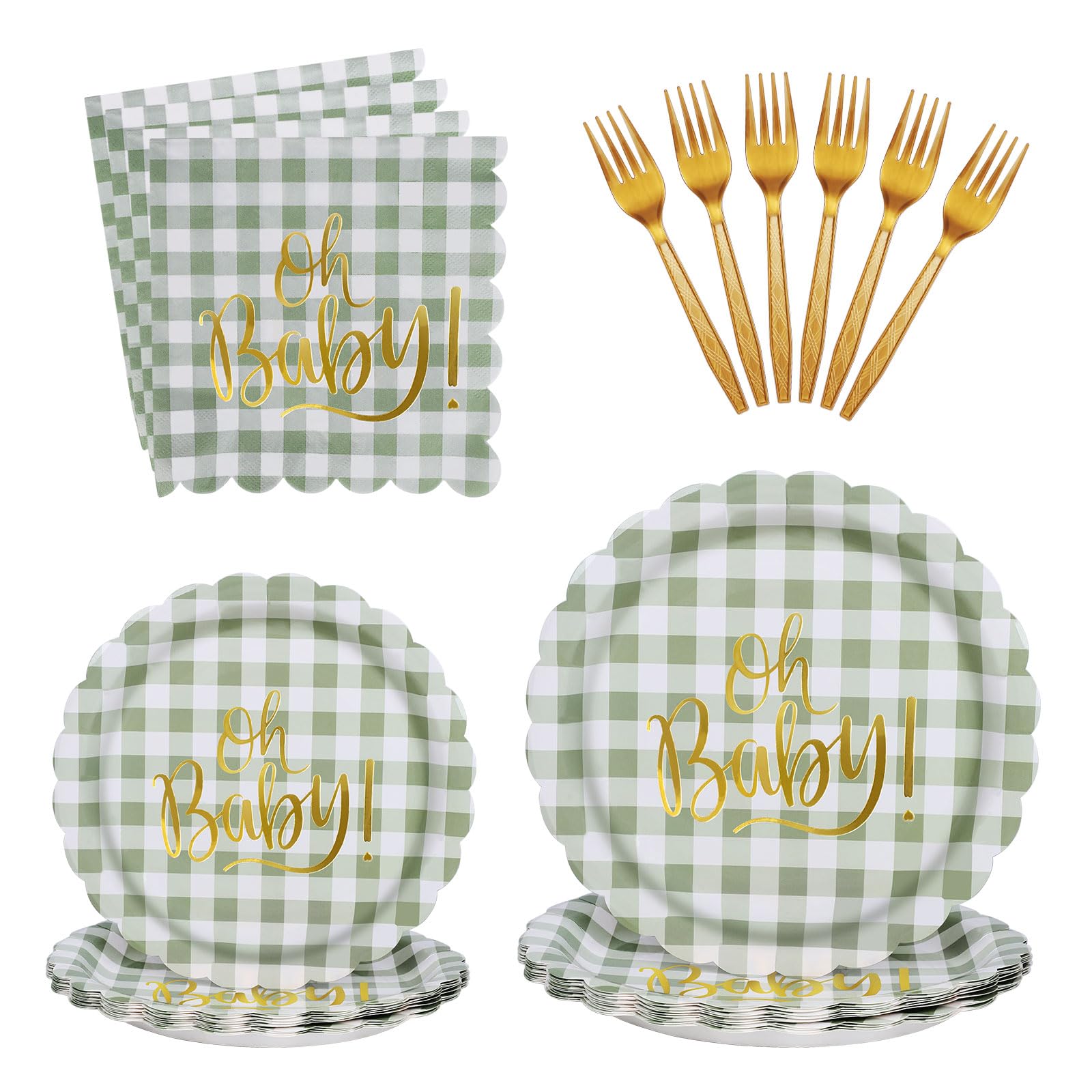 LTplazhi 96PCS Sage Green Party Supplies Disposable Oh Baby Paper Plates Napkins Forks for Baby Shower, Neutral Gender Reveal Decorations Serves 24