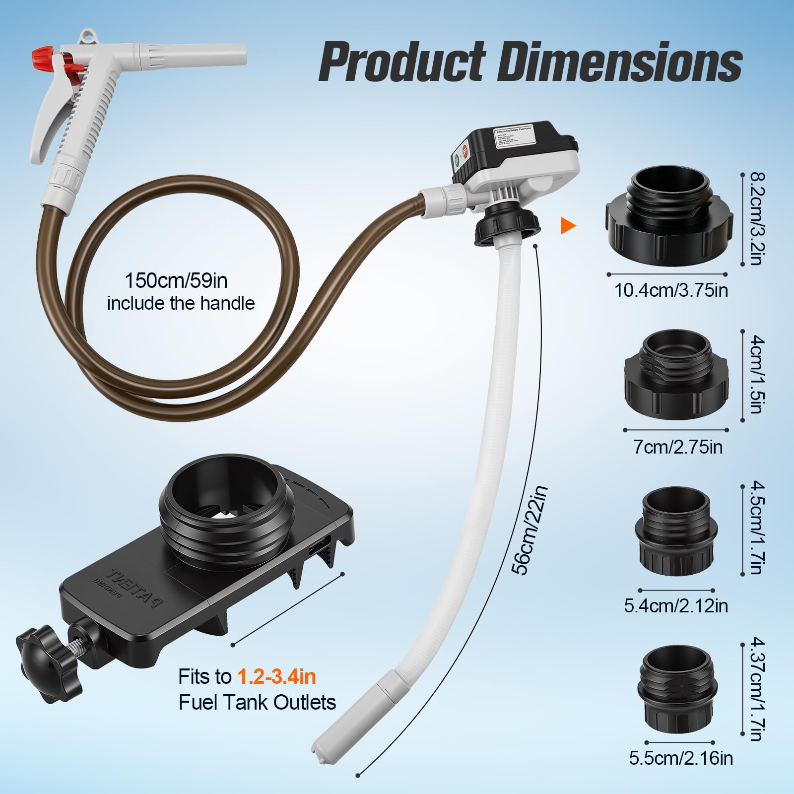 Pompe de transfert de carburant sans fil, haut débit de 15 l/min, compatible avec les batteries 18 V-21 V (non incluses), pompe à huile automatique avec tuyau de 150 cm et 4 pièces, pour