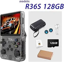 r36s console portatil，128GB Cartão de memória TF, sistema Arkos 2.0, 1GB de RAM e mais de 39.000 jogos de outros consoles integrados，games e consoles，Compatível com diversos emuladores, incluindo N64/PSP/PS1/GBA.Console de videogame retrô (preto)