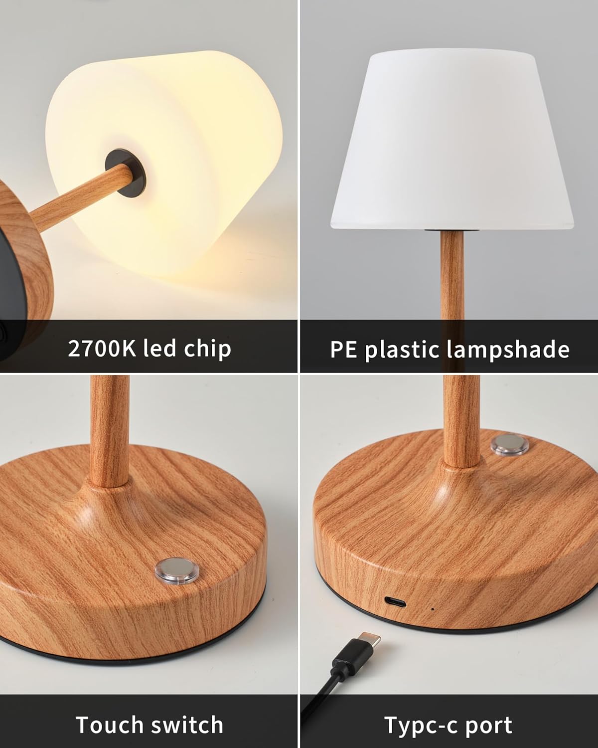 PUSU Cordless LED Wood-Grain Small Table Lamp, Waterproof Shower Light with 4000mAh Battery, Portable Rechargeable Touch Dimming Night Light for Bathroom, Outdoor Camping, Kitchen, Patio, Restaurant - Image 8