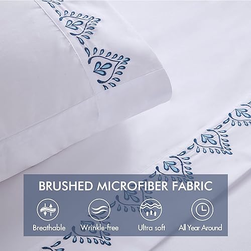 Miniatura 4 de Madison Park Juego de sábanas de microfibra cepillada suave, elegante diseño de dobladillo bordado, bolsillo elástico de 14 pulgadas que se adapta a