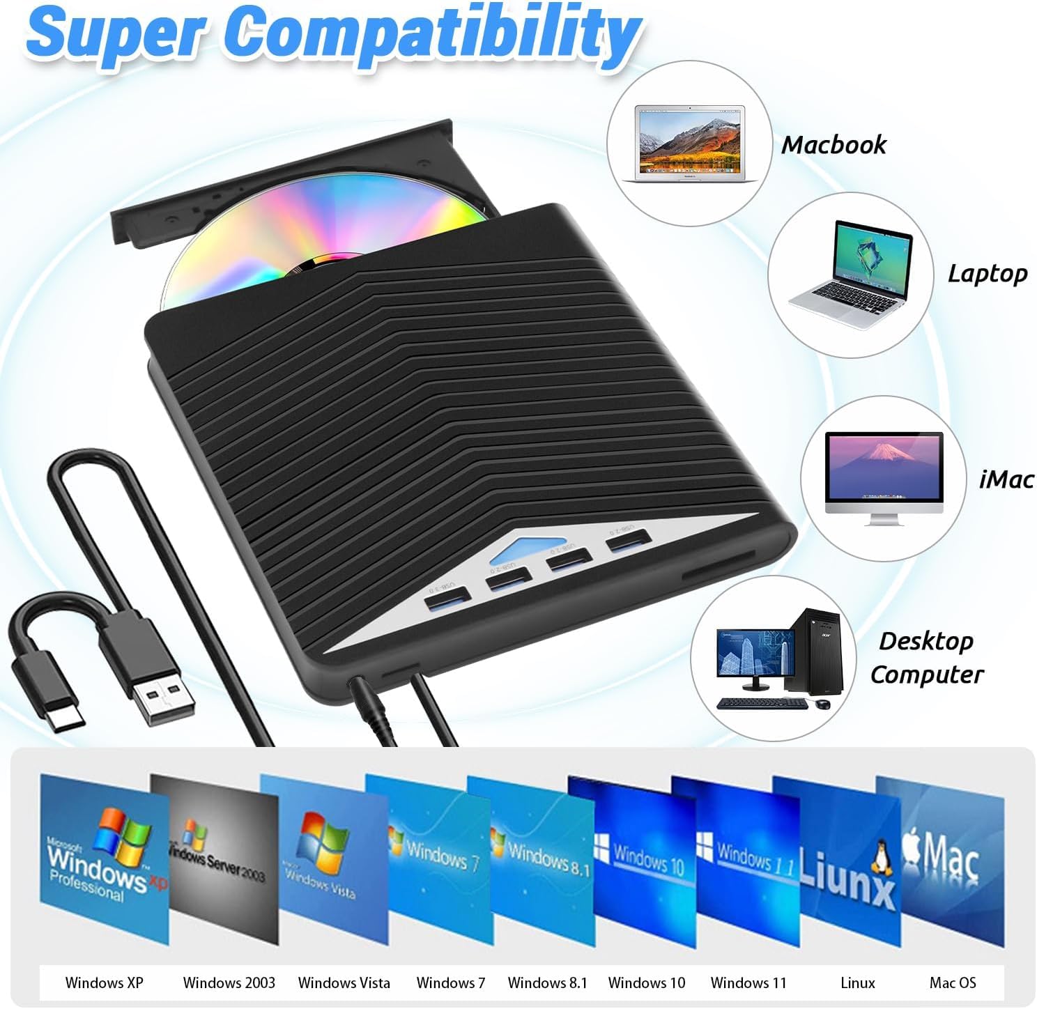 Lecteur CD DVD Externe, Lecteur Optique Externe USB 3.0 7 en 1, Graveur DVD Mobile, Extension de Carte, Ordinateur Externe de Bureau, Ordinateur Portable, Lecteur Optique Externe