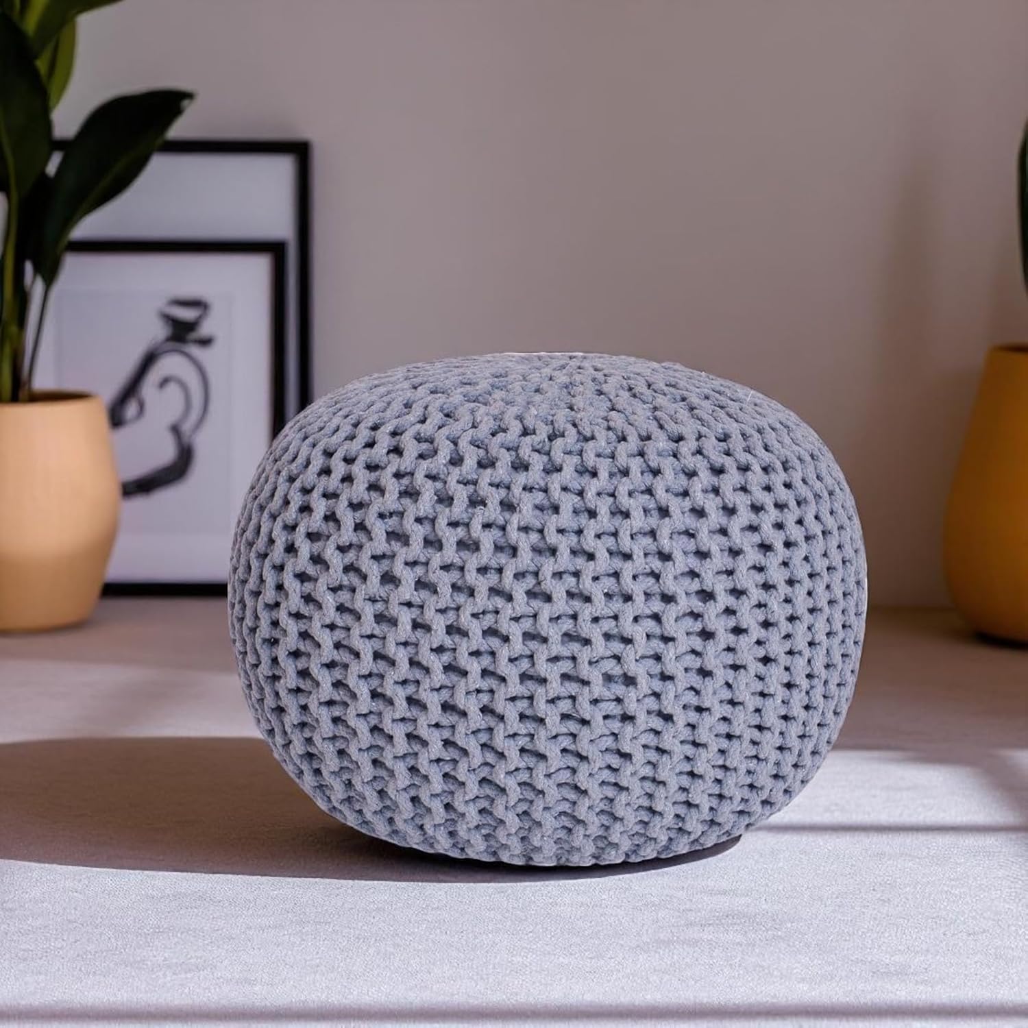 CASVO Handmade Large Knitted Pouffe Ottoman 100% Cotton Chunky Couffes for Living Room Versatile for Foot Rest Extra Seating & Home Decor 50cm Foot Stool (Charcoal)