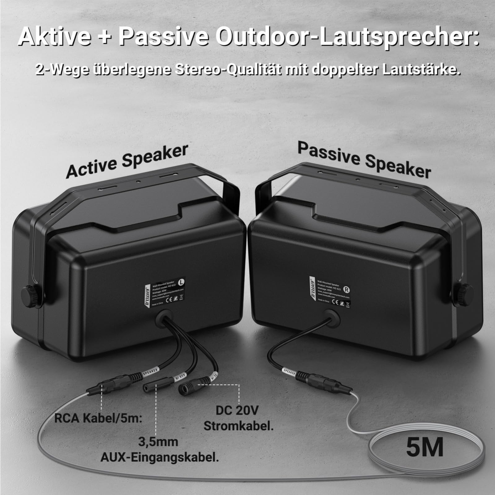Inwa Outdoor Bluetooth 400W Lautsprecher, Aktiv/Passive Wandhalterung Lautsprecher, IPX5, Drahtlose, Stereo, Aux, für Innen, Überdachten Außen(Paar, MZ622, RMS 40W)