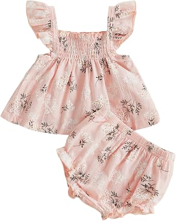 Hulpvktsgiq Infant Baby Girl Summer Clothes Cute Printed Ruffle Dress Top Shorts Set Toddler Shirt Bloomers Princess Outfit