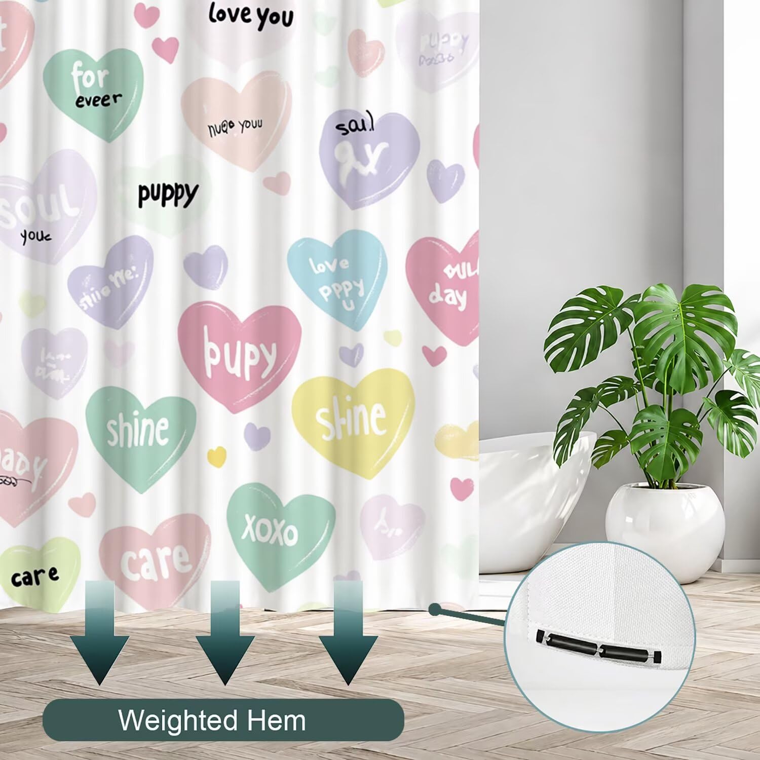 Rideau de Douche 180x200 cm Amour Rideau Douche Tissus Lavable Couleur Rideaux de Baignoire Imperméable Polyester Shower Curtain avec 12 Crochets, Décoratif Accessoires de Salle de Bain W-P71