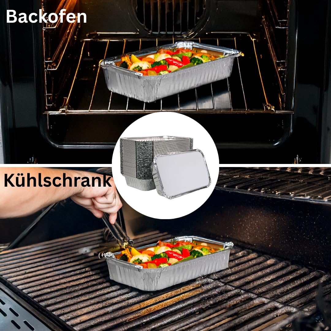 Enpack Aluschale R65-650L - 100 Stück mit Deckel Aluschalen Grill 20x10,5x5 cm - Wärmebehälter- Fettauffangschale als Grill Zubehör, Food Container, kleine Auflaufform - feuerfeste Alu Grillschale