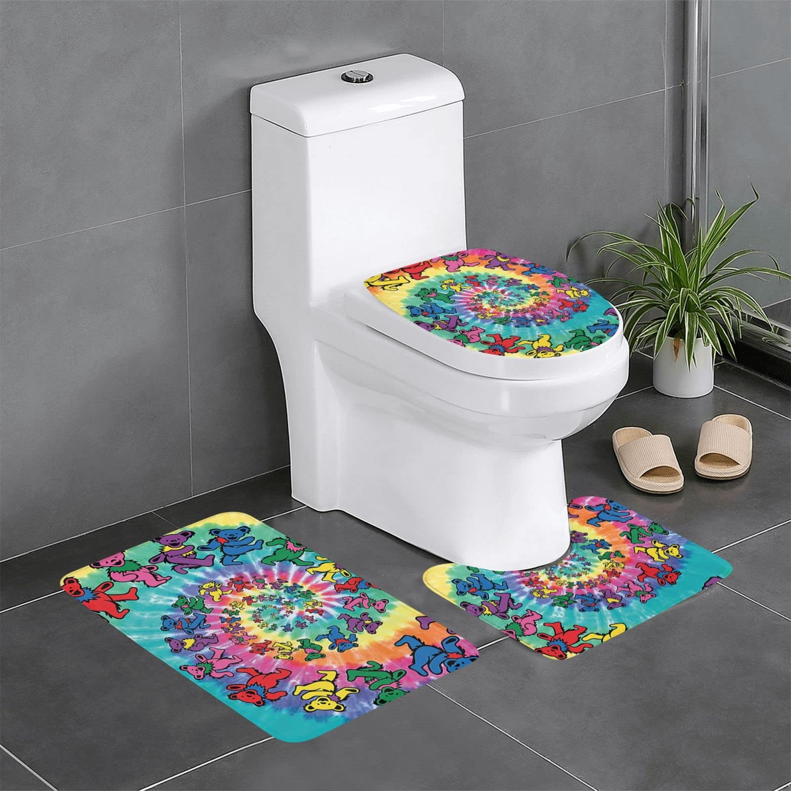 Tapis de salle de bain lot de 3 avec motif ours et contour WC marron