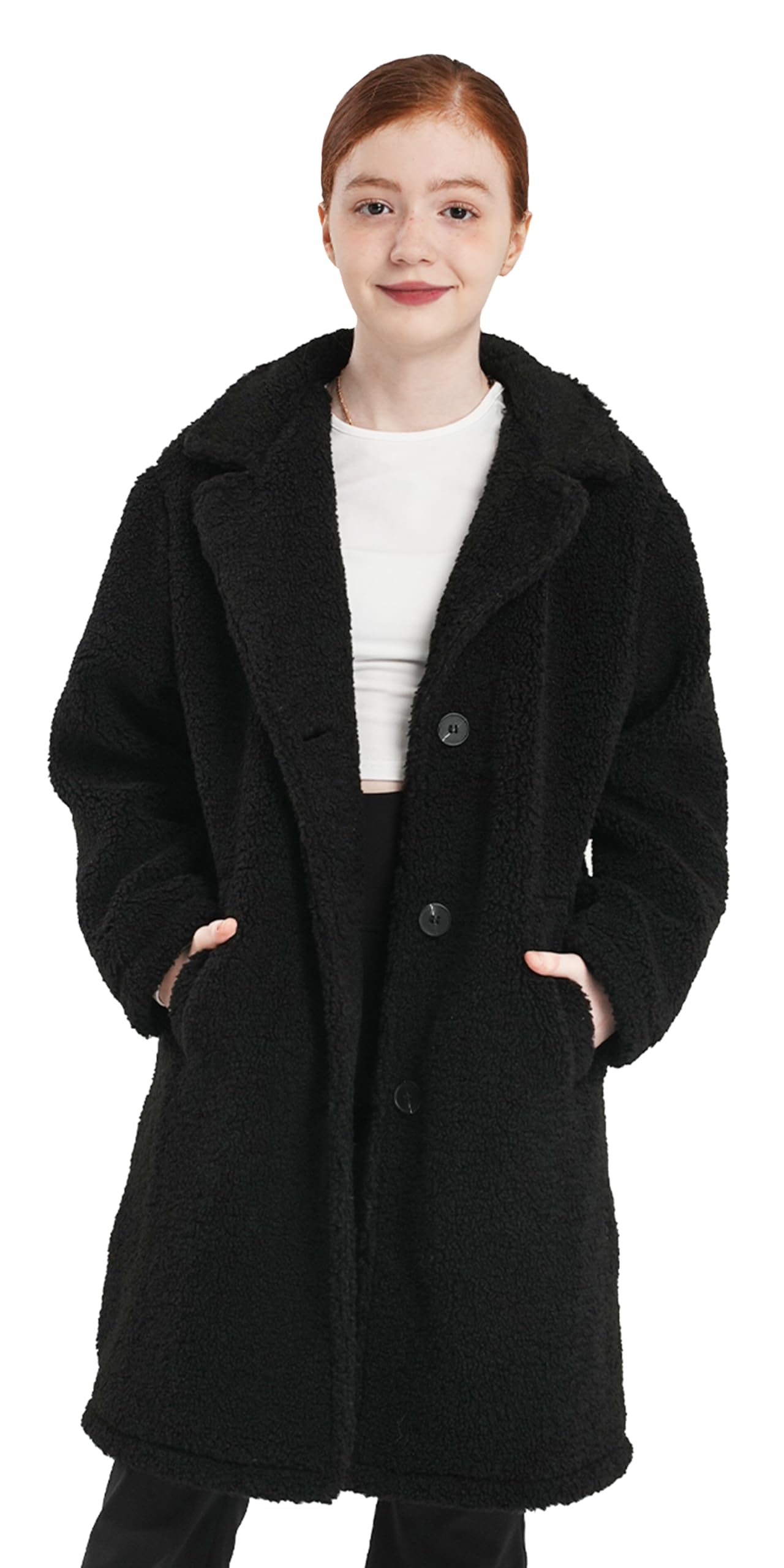maoo garden Mädchen Langer Wintermantel aus Sherpa-Fleece Leichter Übergangsmantel im Peacoat-Stil mit Trenchcoat-Längenschnitt für Schulkinder