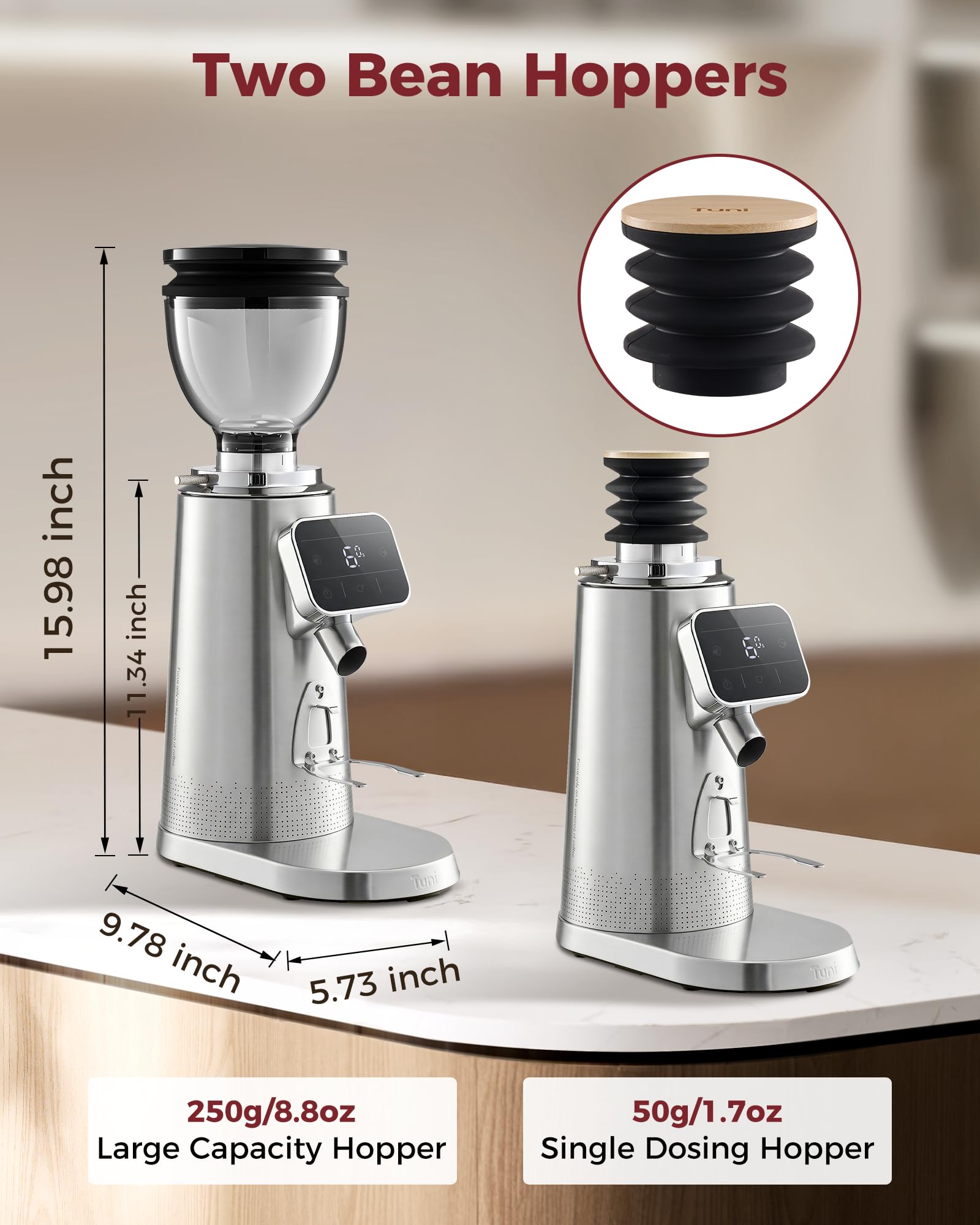 Tuni G3 64mm Flat Burr Electric Coffee Grinder with 100 Grind, Silver | Commercial Grade Espresso Grinder with Single Dose Set, Touchscreen Display, Anti-Static Tech, Stainless Steel