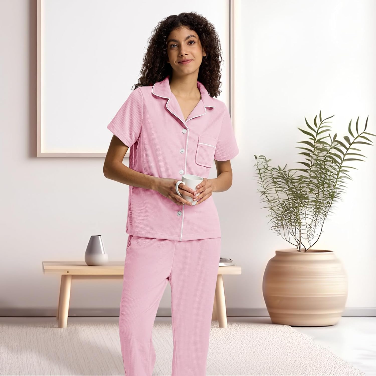 SIORO Capri Pajamas Set for Women, Button Down Sleepwear Short Sleeve Loungewear, Waffle Knit Top with Capri Pants Pjs - Image 6