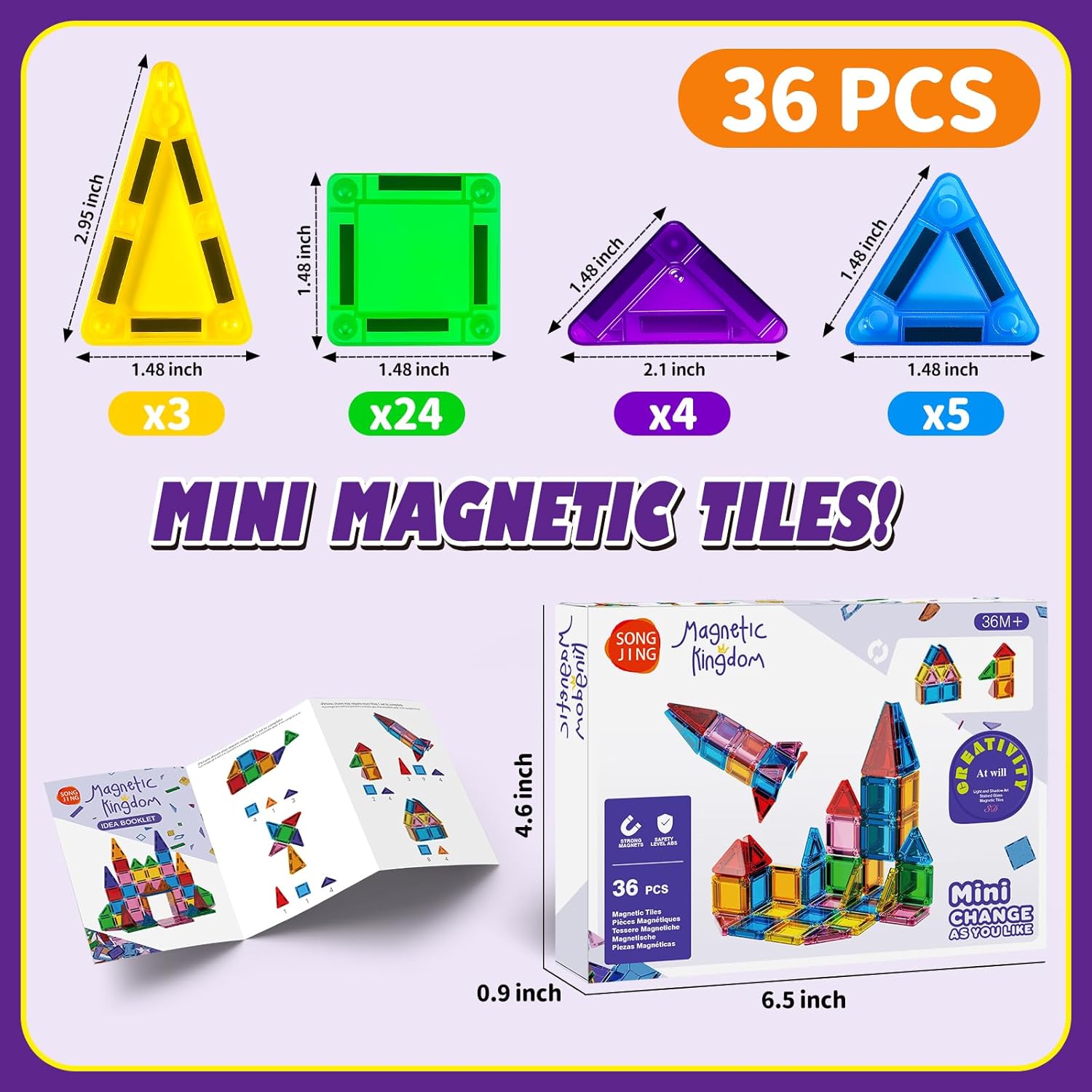 Mini Magnetic Tiles for Kids, Travel Friendly Magnetic Building Blocks for Toddlers, Portable STEM Educational Toys, Small Magnet Tiles Construction Set,Montessori Sensory Toys Gift Set-36Pcs