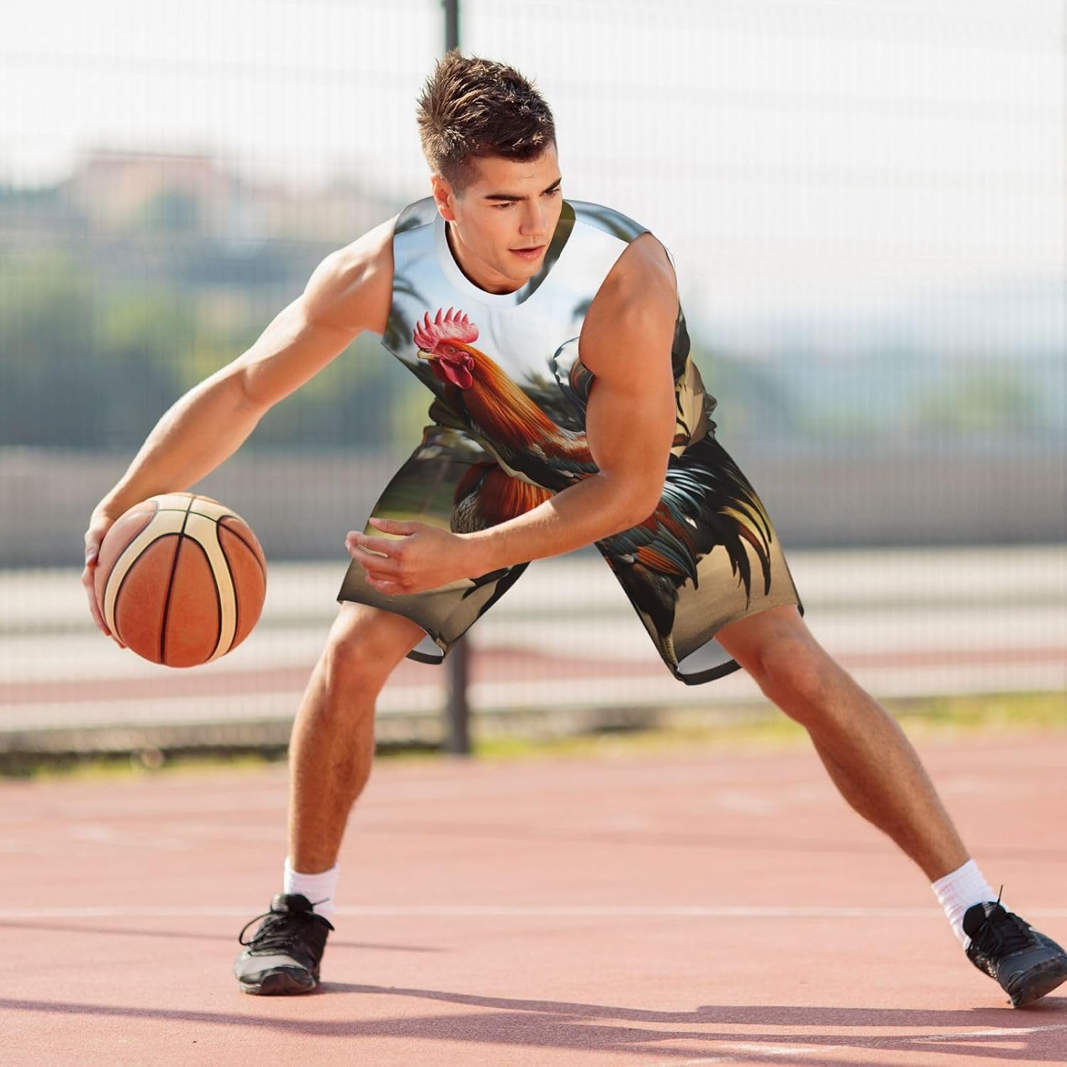 Mens Basketball Jerseys Proud Rooster Uniform Suit Mesh Sports Jersey Outfits T-Shirt and Short Sets, Large, Black