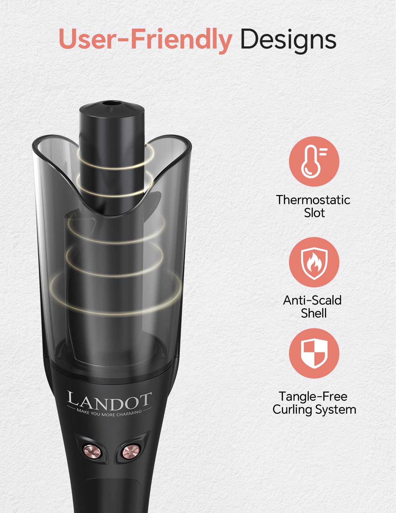 LANDOT Automatyczna obrotowa lokówka 2,5 cm - nieplącząca się lokówka z 8 ustawieniami temperatury i ceramicznym turmalinem - automatyczna lokówka do włosów z podwójnym napięciem do wszystkich