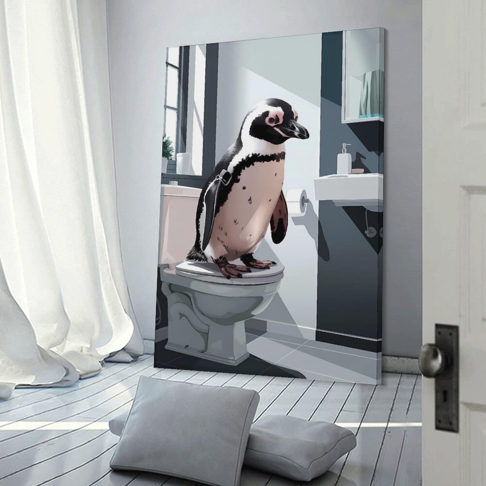 Junmoney Frame-Style-8 Canvas Art Print Penguin On Toilet Bathroom Art, 08X12inch(20X30cm), For Contemporary Homes, Apartments Or Offices, Decorative Canvas Decor For Home Updates