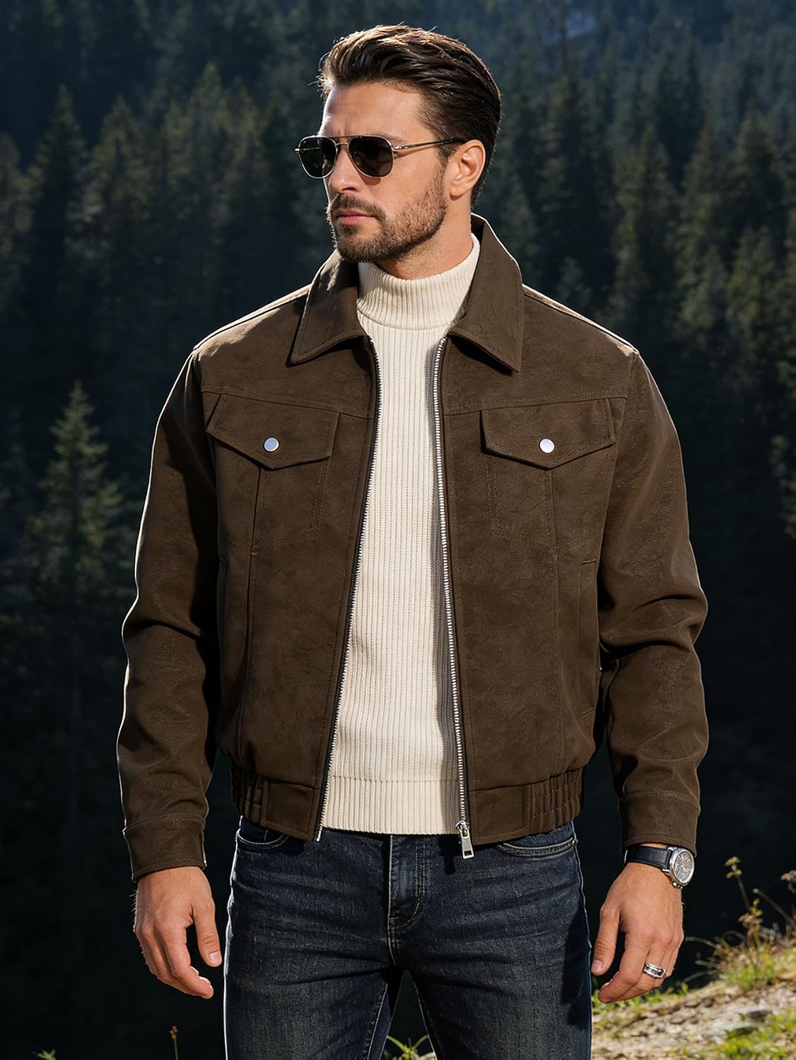 Men's Faux Leather Aviator Bomber Jacket Vintage Coat Lightweight
