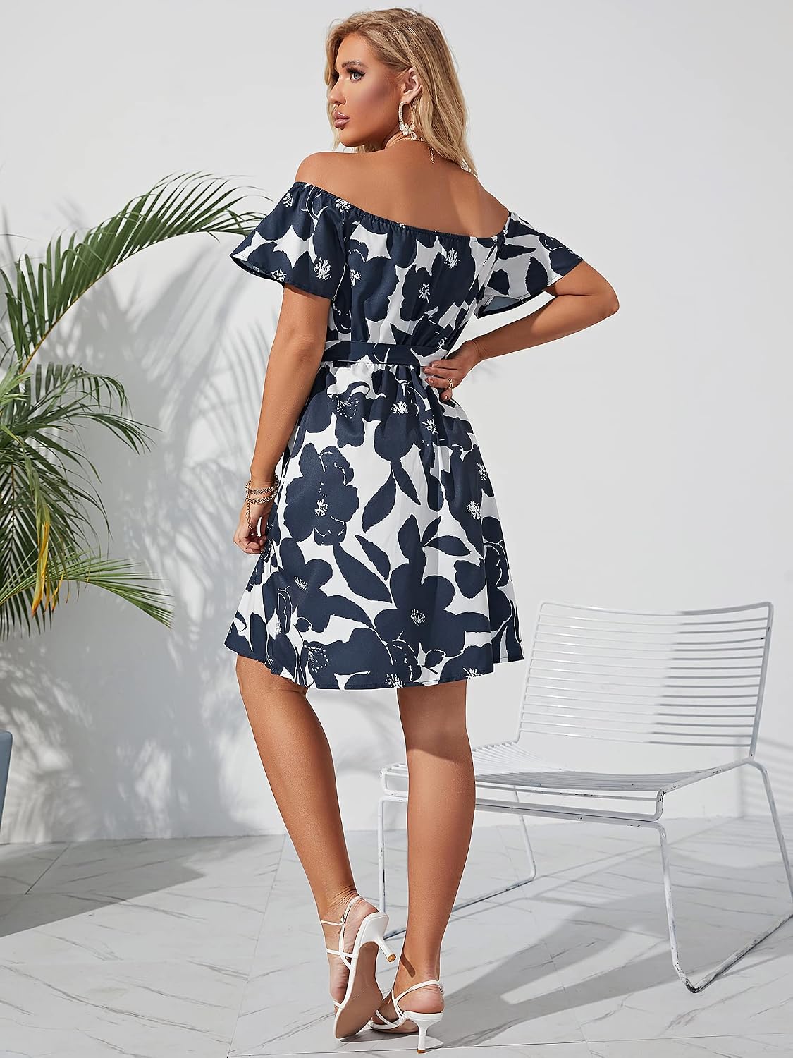 Off Shoulder Ruffle Dress for Women, A-Line Mini Dress with Belt, Fitted Bust Summer Wedding Guest Dress
