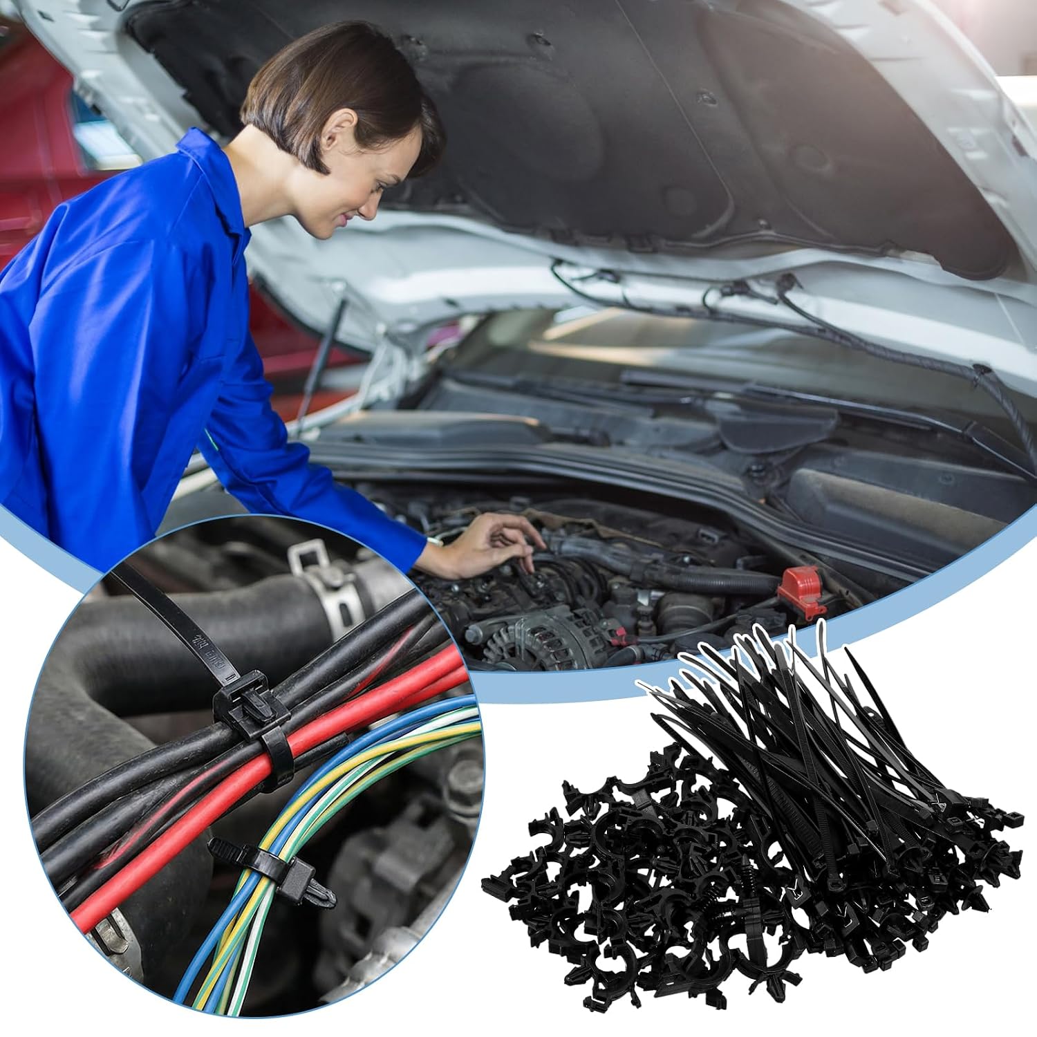 200 Pcs Wire Harness Clips, Wire Loom Clips & Push Mount Zip Ties, 15 Sizes Universal Automotive Wiring Clip Assortment, Black Nylon Cable Management for Car, Truck, Motorcycle