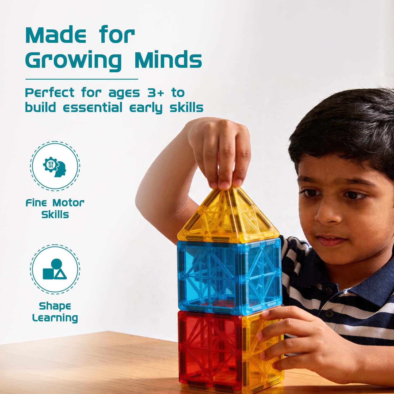 Jam & Honey Magnetic Tiles Building Blocks for Kids 3+ Years - 10 pcs | STEM Learning Educational Toy | Creative & Constructive Play | Brain Development Toy | Transparent Gift Set | Multicolour 1