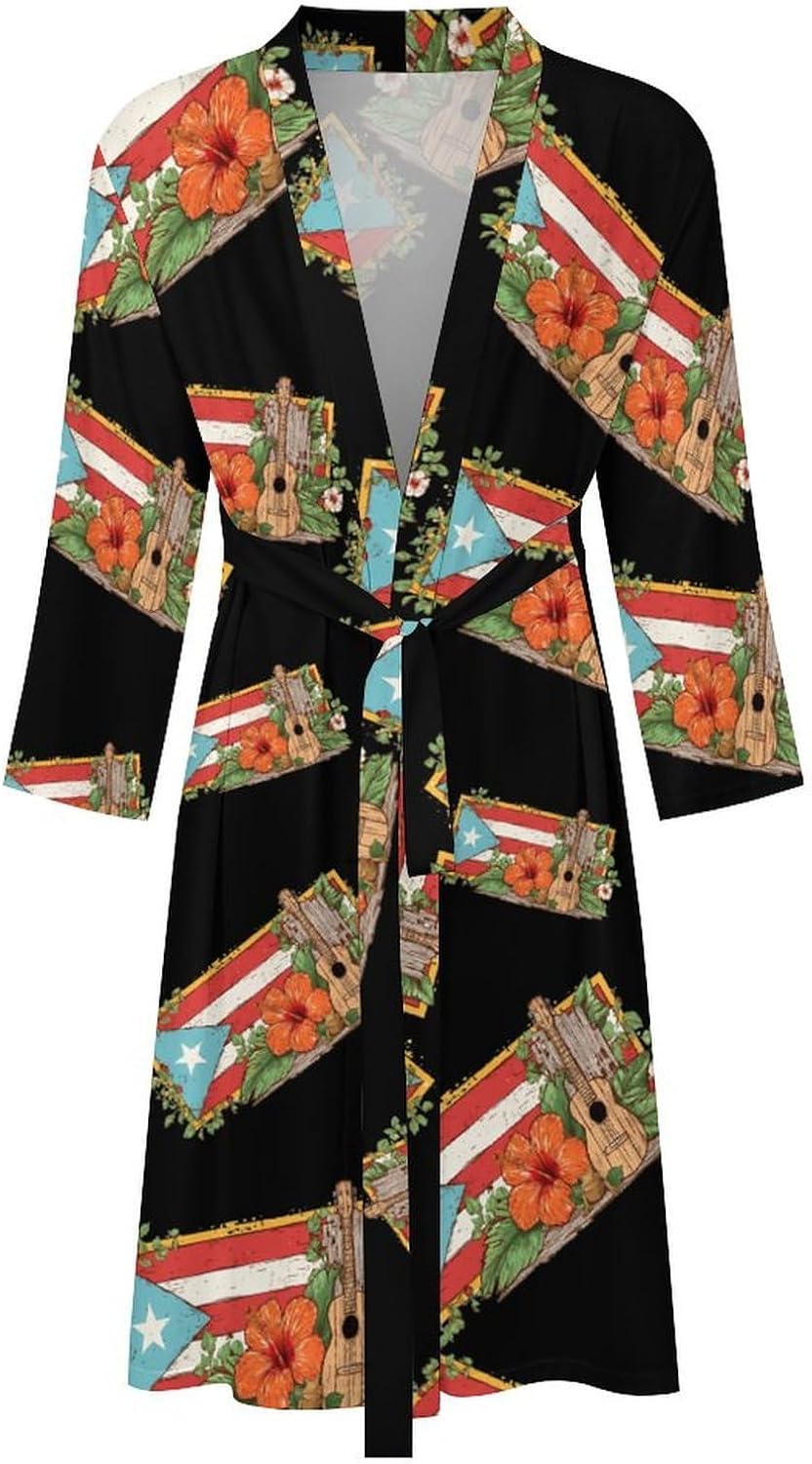 Puertorican Flag Hibiscus Guitar Casual Robes Bathrobe Knee Length V-neck Loungewear Sleepwear