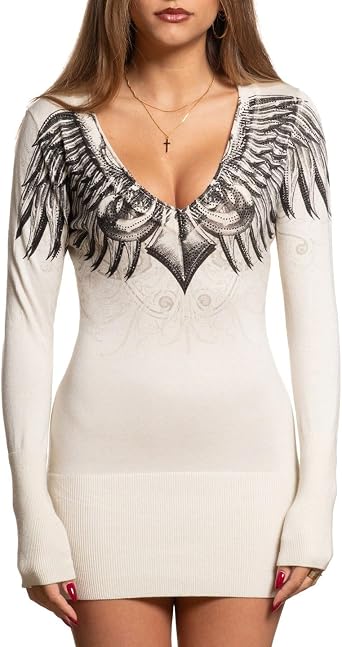 Affliction Womens Angel Wings Graphic Sweater, V-Neck, Long Sleeve, Form-Fitting, White