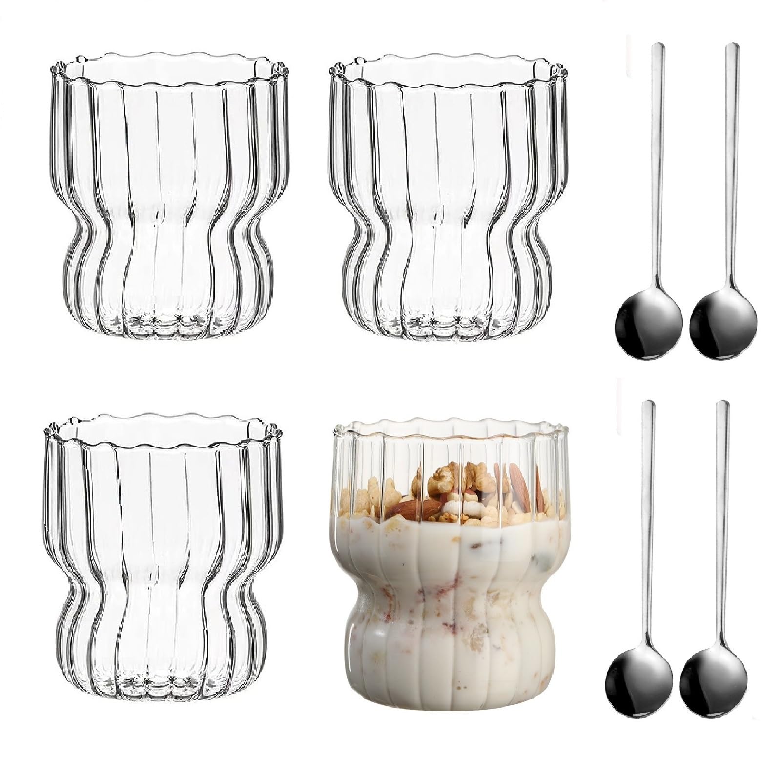Vintage Coffee Mugs Dessert Cups Glass Set of 4, 260ML Clear Ice Cream Cups Ripple Drinking Glasses Set With Spoons, Cocktail Glasses Coffee Bar Accessories Glassesware for Whiskey Tea Soda Coffee