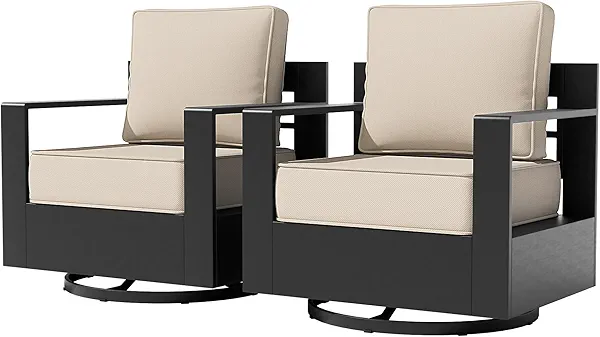 Qsoer Aluminum Patio Swivel Chair - Outdoor 360°Swivel Chair with 6" Thick Water-insistant Cushions, All-Weather Use Frame, Removable Cover, Ideal for Garden, Poolside (Beige)