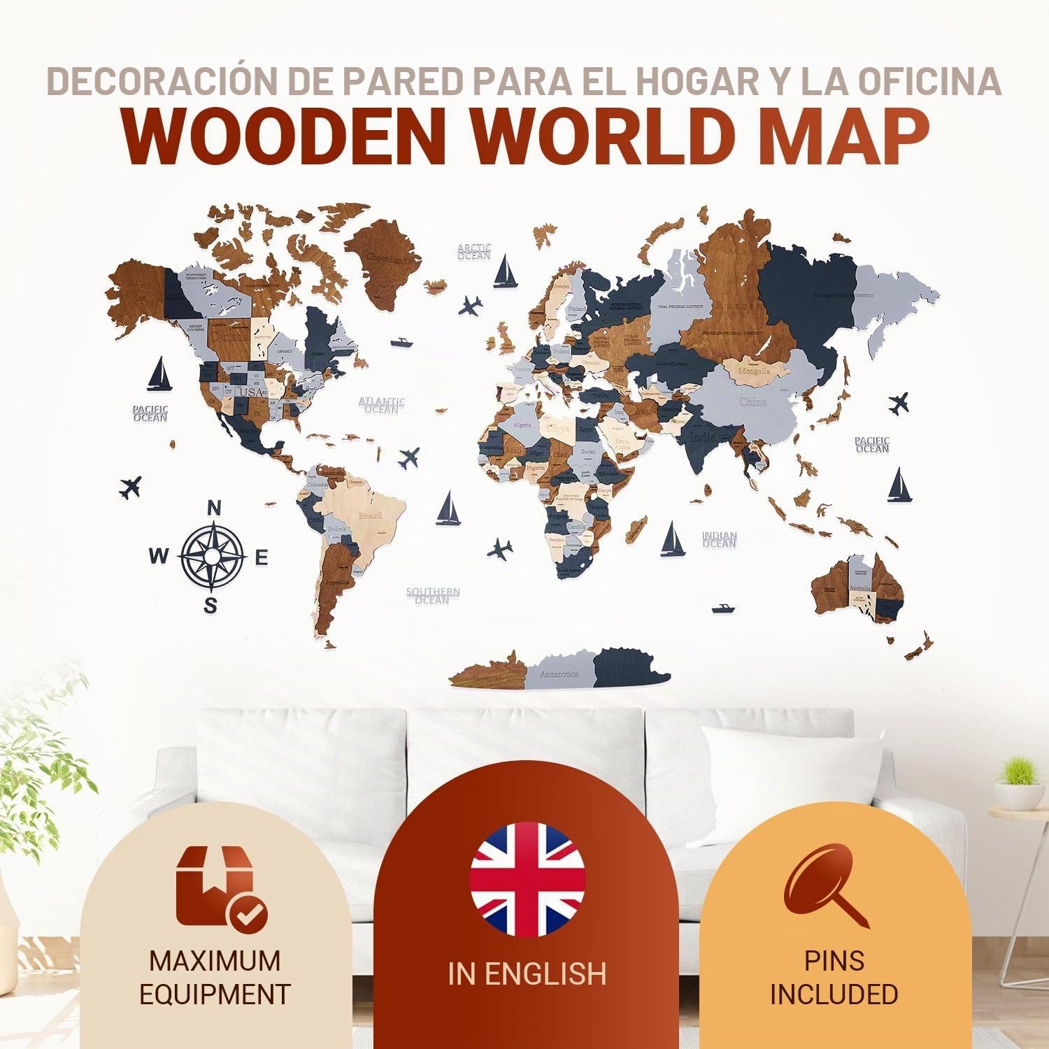 Mapa del Mundo de Madera en Inglés - 3D para Oficina en Casa | Contrachapado de abedul, 324 pines con banderas, 120x62 cm, tono espresso, montaje adhesivo, regalo corporativo duradero