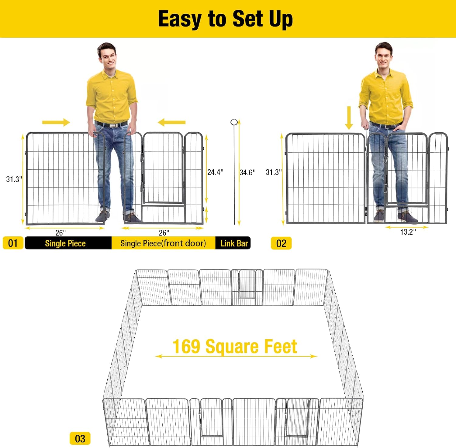 Dog Playpen, Foldable Metal Pet Dog Exercise Fence Pen with Door Gate, Heavy Duty Metal Small Animal Fence, Dog Kennel Outdoor (24 Panels, 31 Inch)